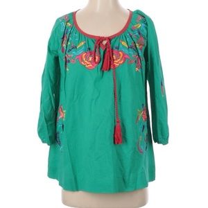 Fragonard Size M Embroidered Green Blouse with Red Accents